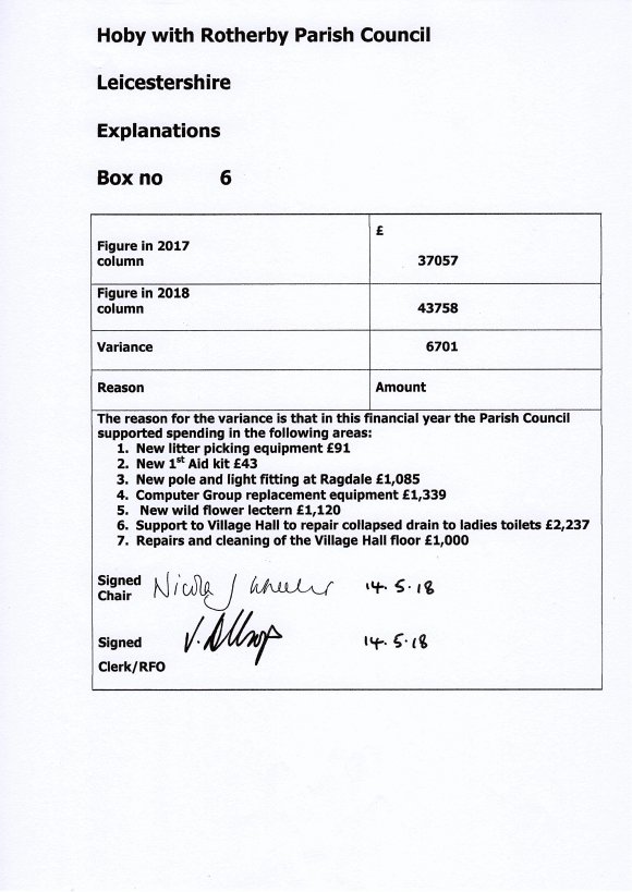 Audit 2017/18 Variances Box 6

Final document and completion of the publication of Audit Papers for Hoby with Rotherby Parish Council for the year ended 2017/18